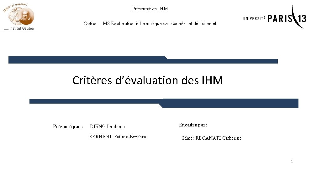 Présentation IHM Option : M 2 Exploration informatique des données et décisionnel Critères d’évaluation