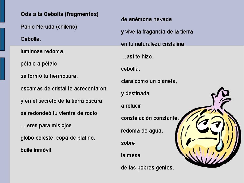 Oda a la Cebolla (fragmentos) Pablo Neruda (chileno) Cebolla, luminosa redoma, pétalo a pétalo
