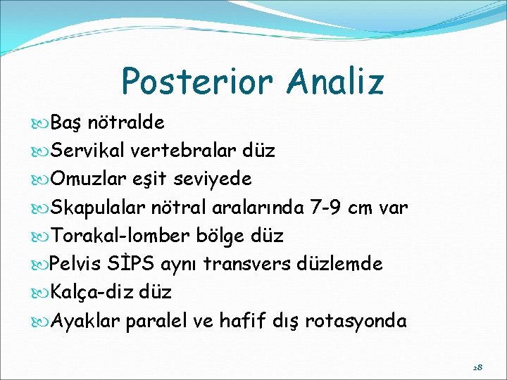 Posterior Analiz Baş nötralde Servikal vertebralar düz Omuzlar eşit seviyede Skapulalar nötral aralarında 7