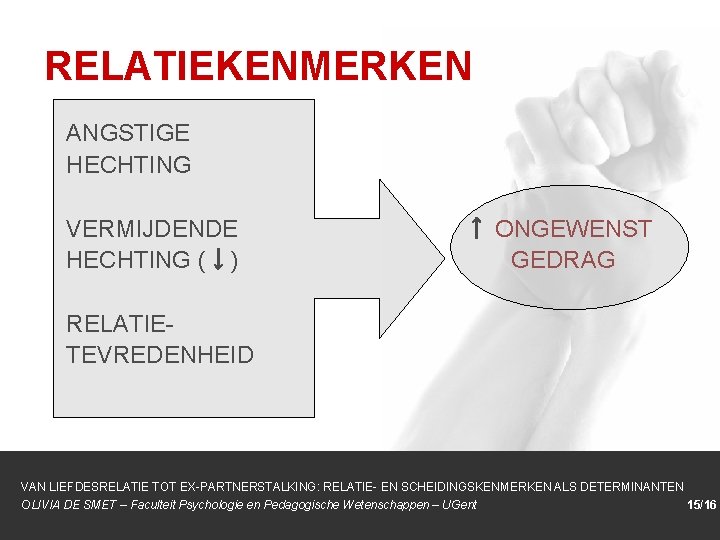 RELATIEKENMERKEN ANGSTIGE HECHTING VERMIJDENDE HECHTING (↓) ↑ ONGEWENST GEDRAG RELATIETEVREDENHEID VAN LIEFDESRELATIE TOT EX-PARTNERSTALKING: