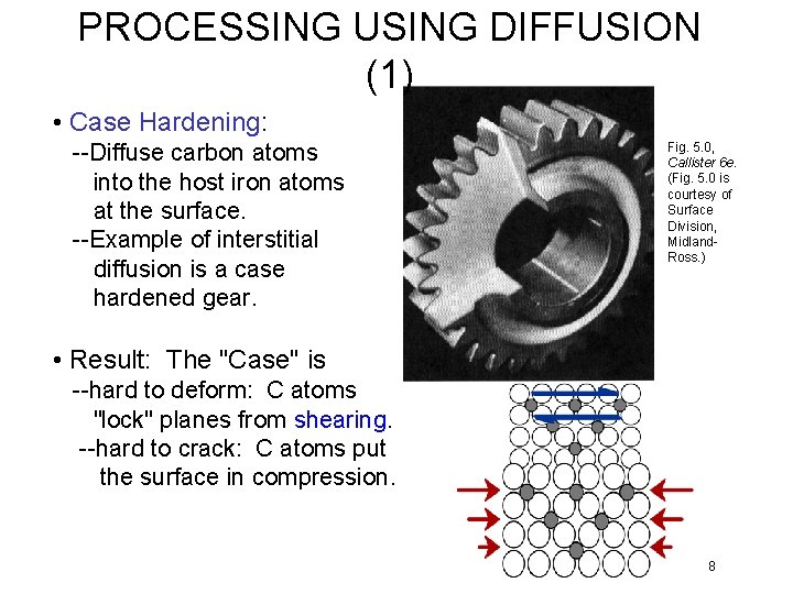 PROCESSING USING DIFFUSION (1) • Case Hardening: --Diffuse carbon atoms into the host iron