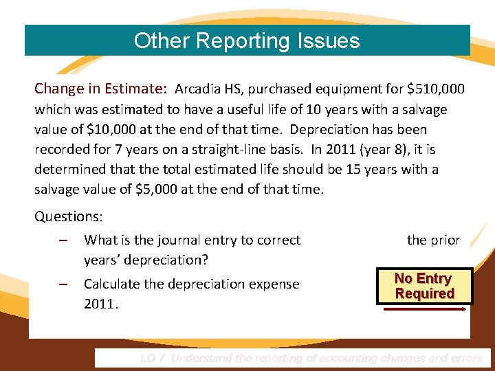 Other Reporting Issues Change in Estimate: Arcadia HS, purchased equipment for $510, 000 which