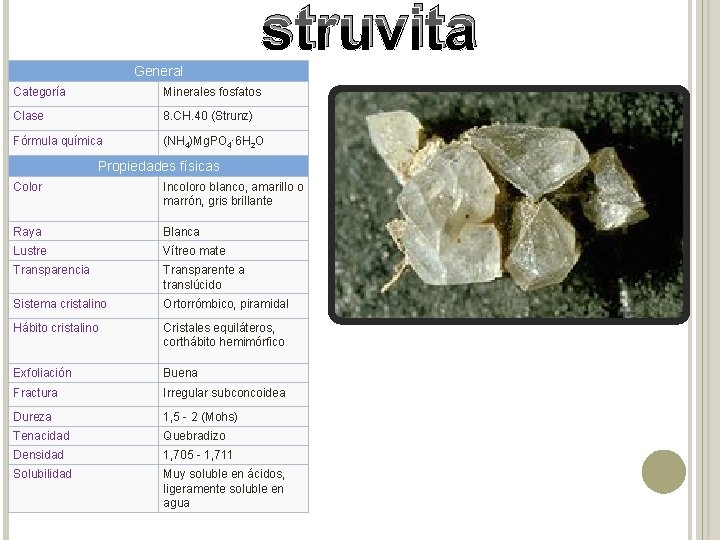 struvita General Categoría Minerales fosfatos Clase 8. CH. 40 (Strunz) Fórmula química (NH 4)Mg.