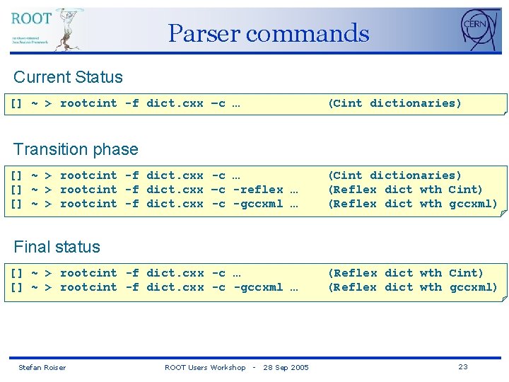 Parser commands Current Status [] ~ > rootcint -f dict. cxx –c … (Cint