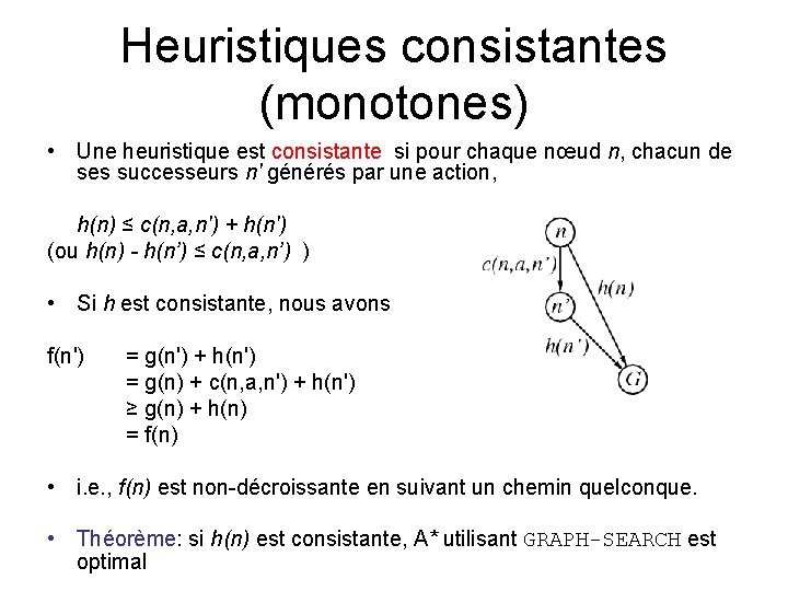 Heuristiques consistantes (monotones) • Une heuristique est consistante si pour chaque nœud n, chacun Heuristiques consistantes (monotones) • Une heuristique est consistante si pour chaque nœud n, chacun