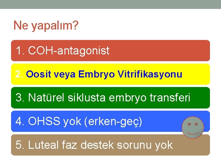 Ne yapalım? 1. COH-antagonist 2. Oosit veya Embryo Vitrifikasyonu 3. Natürel siklusta embryo transferi