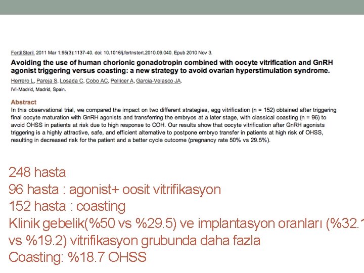 248 hasta 96 hasta : agonist+ oosit vitrifikasyon 152 hasta : coasting Klinik gebelik(%50