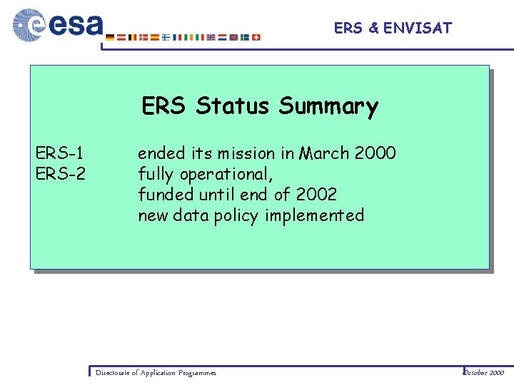 ERS & ENVISAT ERS Status Summary ERS-1 ERS-2 ended its mission in March 2000