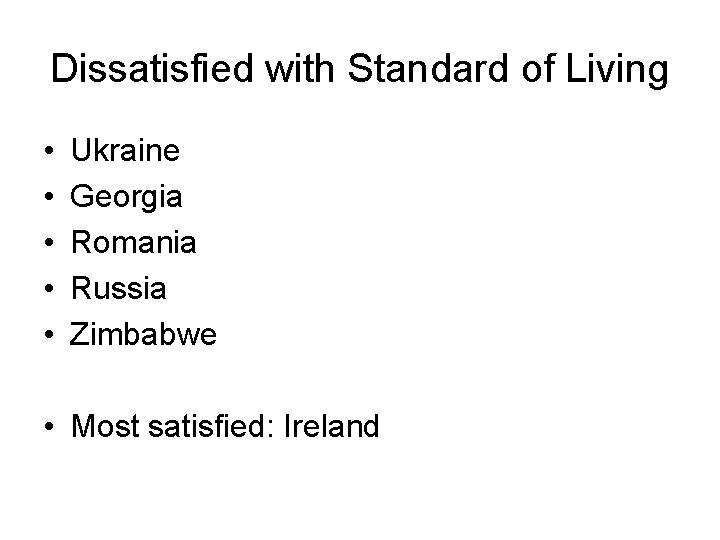 Dissatisfied with Standard of Living • • • Ukraine Georgia Romania Russia Zimbabwe •