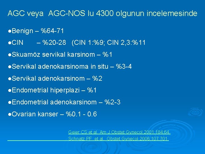 AGC veya AGC-NOS lu 4300 olgunun incelemesinde ●Benign – %64 -71 ●CIN – %20