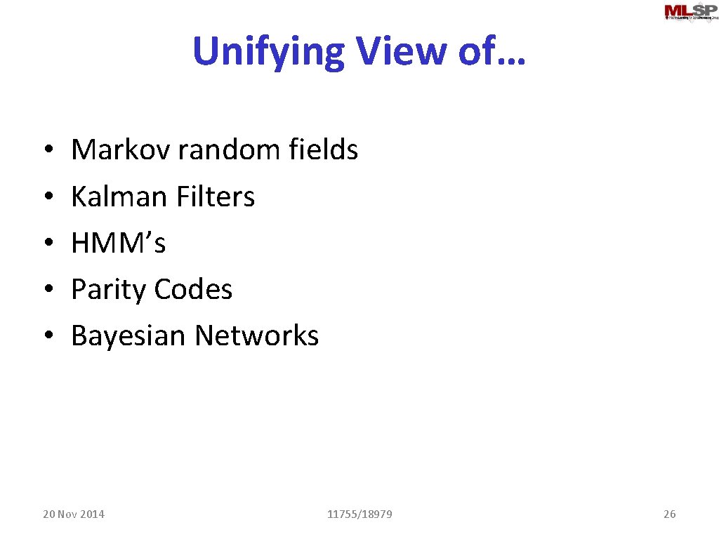 Unifying View of… • • • Markov random fields Kalman Filters HMM’s Parity Codes