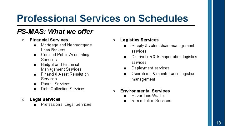 Professional Services on Schedules PS-MAS: What we offer ○ Financial Services ■ ■ ■