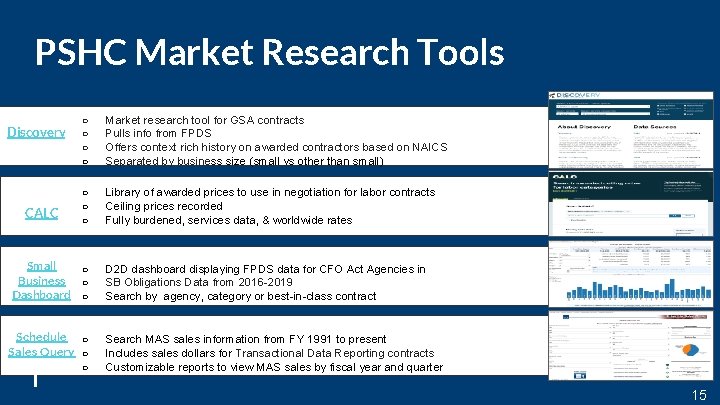 PSHC Market Research Tools Discovery CALC ○ ○ Market research tool for GSA contracts