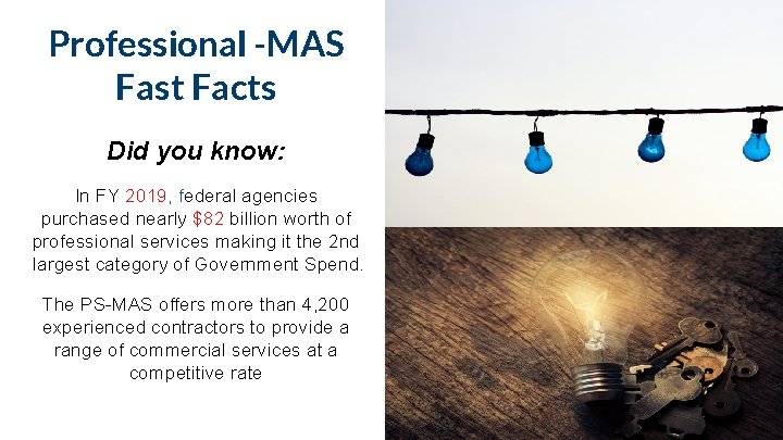 Professional -MAS Fast Facts Did you know: In FY 2019, federal agencies purchased nearly