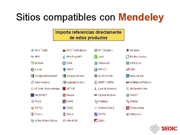 Sitios compatibles con Mendeley Importa referencias directamente de estos productos Sitios compatibles con Mendeley Importa referencias directamente de estos productos