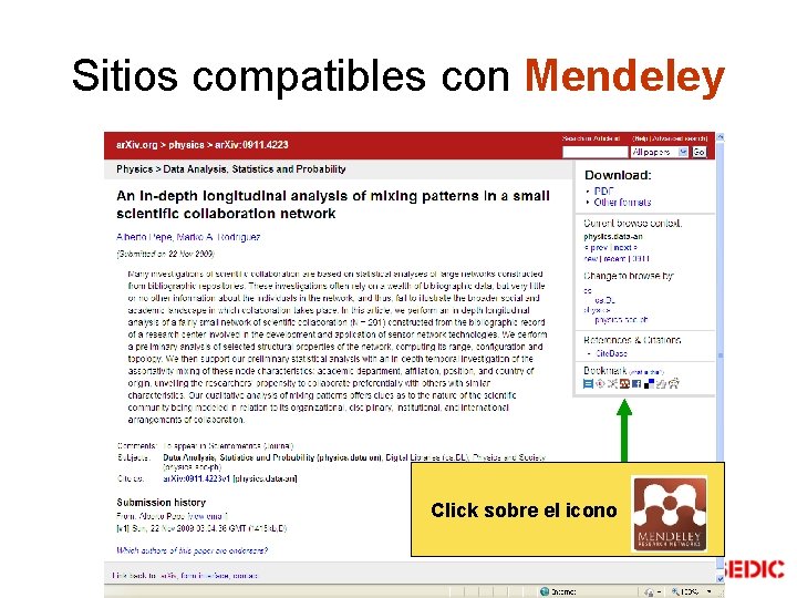 Sitios compatibles con Mendeley Click sobre el icono Sitios compatibles con Mendeley Click sobre el icono