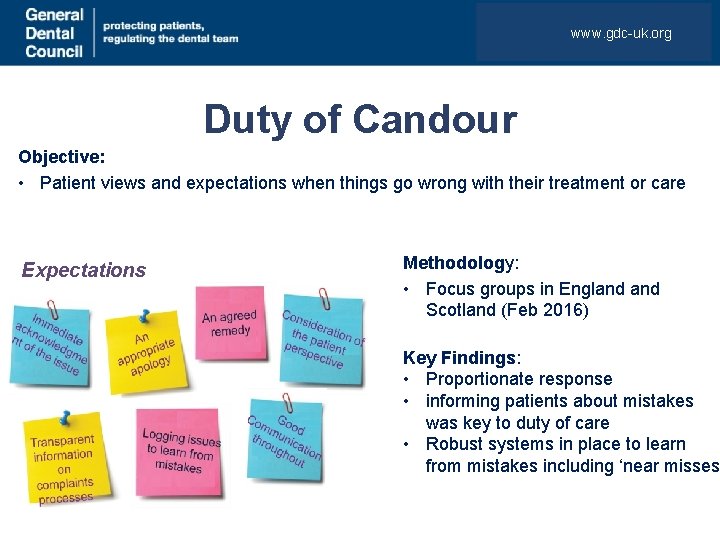 www. gdc-uk. org Duty of Candour Objective: • Patient views and expectations when things