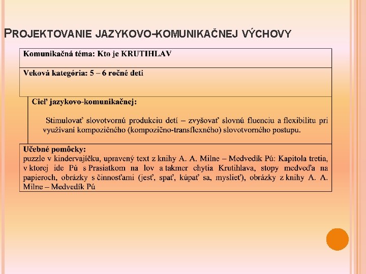 PROJEKTOVANIE JAZYKOVO-KOMUNIKAČNEJ VÝCHOVY 