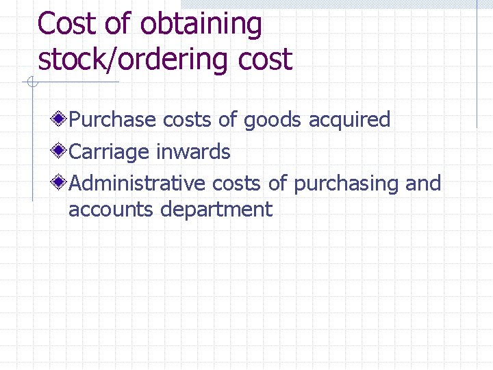 Cost of obtaining stock/ordering cost Purchase costs of goods acquired Carriage inwards Administrative costs