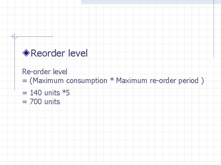 Reorder level Re-order level = (Maximum consumption * Maximum re-order period ) = 140