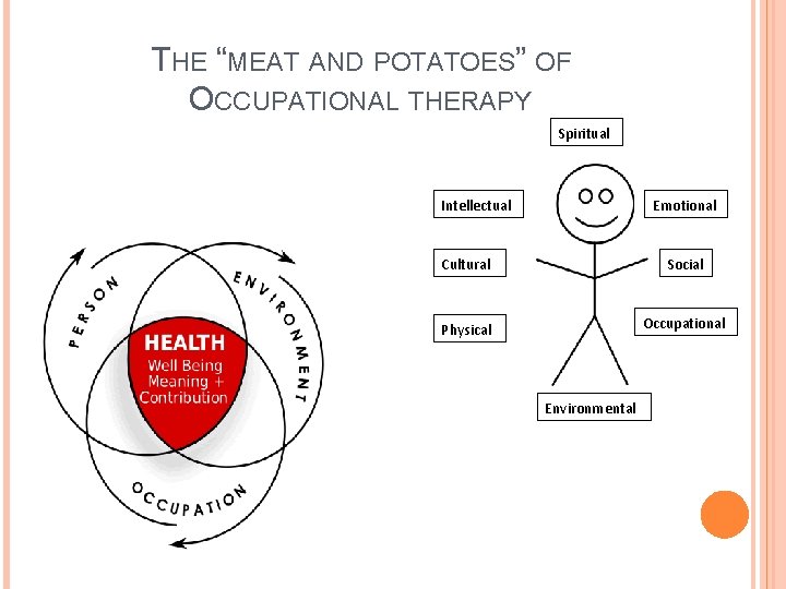 THE “MEAT AND POTATOES” OF OCCUPATIONAL THERAPY Spiritual Intellectual Emotional Cultural Social Physical Occupational THE “MEAT AND POTATOES” OF OCCUPATIONAL THERAPY Spiritual Intellectual Emotional Cultural Social Physical Occupational