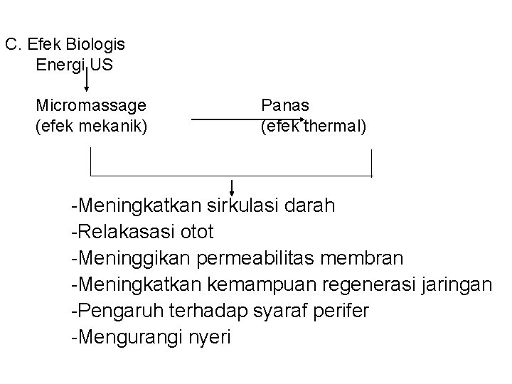 C. Efek Biologis Energi US Micromassage (efek mekanik) Panas (efek thermal) -Meningkatkan sirkulasi darah