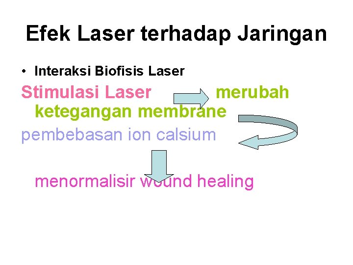 Efek Laser terhadap Jaringan • Interaksi Biofisis Laser Stimulasi Laser merubah ketegangan membrane pembebasan