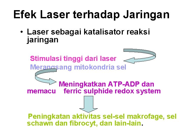 Efek Laser terhadap Jaringan • Laser sebagai katalisator reaksi jaringan Stimulasi tinggi dari laser