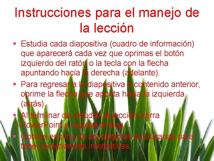 Instrucciones para el manejo de la lecciόn § Estudia cada diapositiva (cuadro de información)