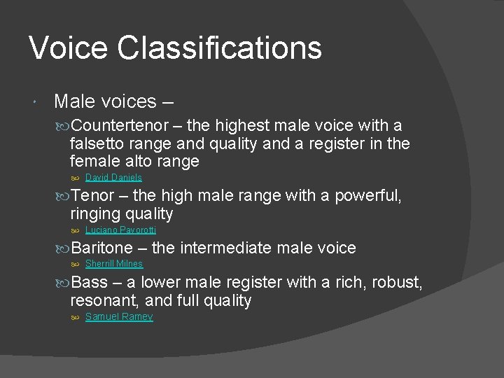 Voice Classifications Male voices – Countertenor – the highest male voice with a falsetto