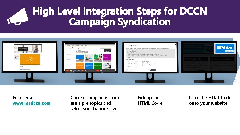 High Level Integration Steps for DCCN Campaign Syndication Register at www. msdccn. com Choose
