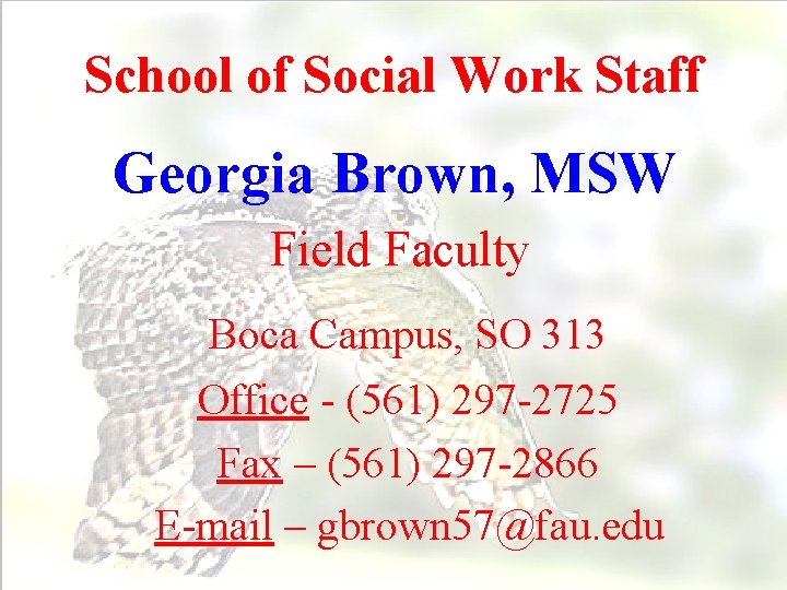 School of Social Work Staff Georgia Brown, MSW Field Faculty Boca Campus, SO 313