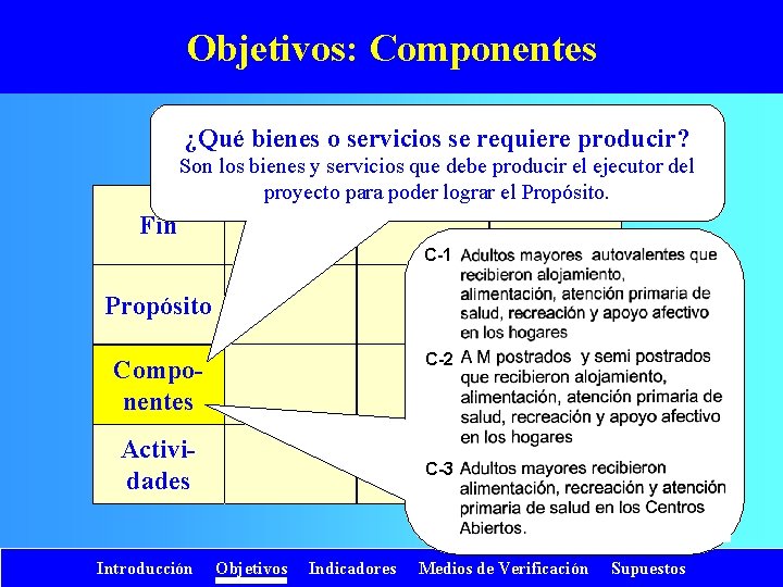 Objetivos: Componentes ¿Qué bienes o servicios se requiere producir? Son los bienes y servicios