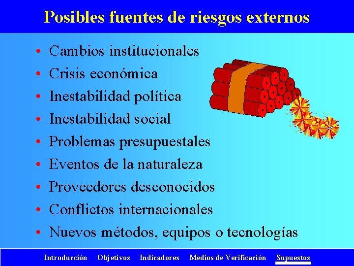 Posibles fuentes de riesgos externos • • • Cambios institucionales Crisis económica Inestabilidad política