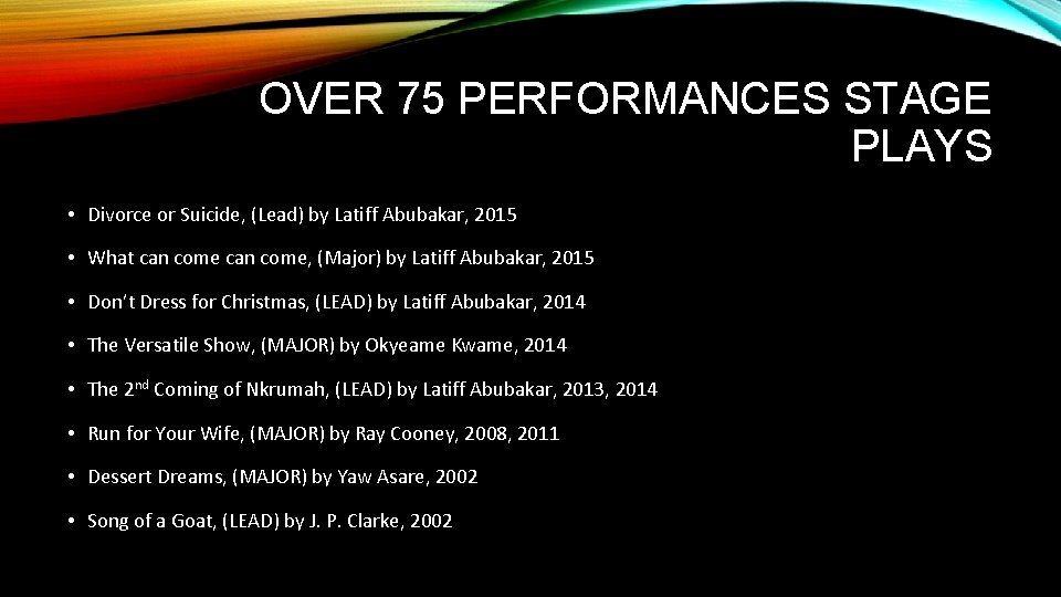 OVER 75 PERFORMANCES STAGE PLAYS • Divorce or Suicide, (Lead) by Latiff Abubakar, 2015