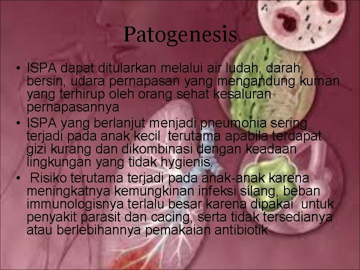 Patogenesis • ISPA dapat ditularkan melalui air ludah, darah, bersin, udara pernapasan yang mengandung