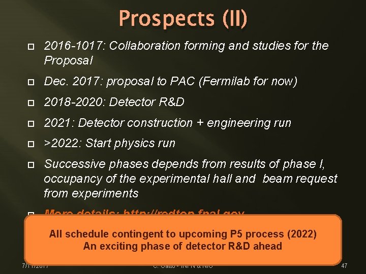 Prospects (II) 2016 -1017: Collaboration forming and studies for the Proposal Dec. 2017: proposal