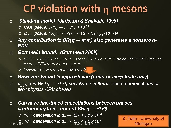 CP violation with h mesons Standard model (Jarlskog & Shabalin 1995) CKM phase: BR(h