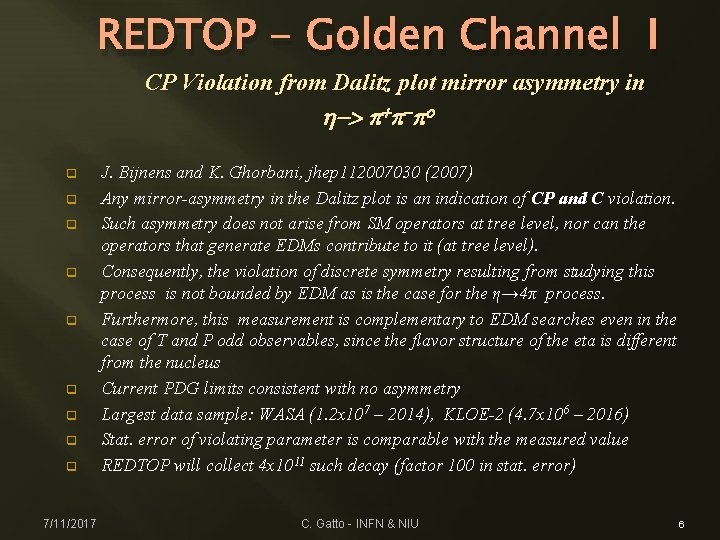 REDTOP - Golden Channel I CP Violation from Dalitz plot mirror asymmetry in h->