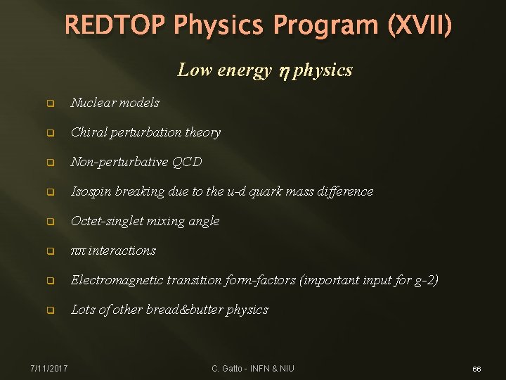 REDTOP Physics Program (XVII) Low energy h physics q Nuclear models q Chiral perturbation