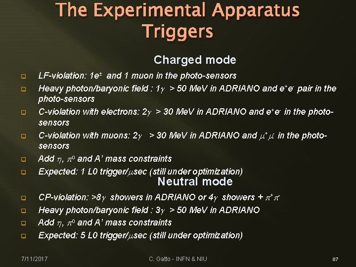 The Experimental Apparatus Triggers Charged mode q q q q q LF-violation: 1 e±