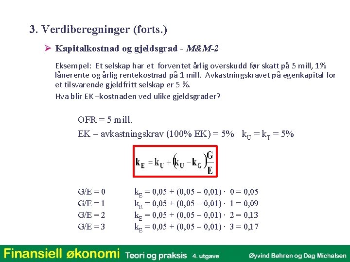 3. Verdiberegninger (forts. ) Ø Kapitalkostnad og gjeldsgrad - M&M-2 Eksempel: Et selskap har