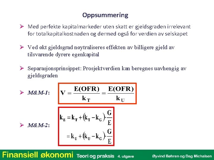 Oppsummering Ø Med perfekte kapitalmarkeder uten skatt er gjeldsgraden irrelevant for totalkapitalkostnaden og dermed