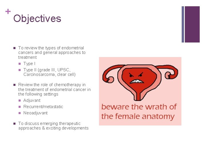 + Objectives n To review the types of endometrial cancers and general approaches to