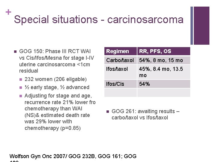 + Special situations - carcinosarcoma n GOG 150: Phase III RCT WAI vs Cis/Ifos/Mesna