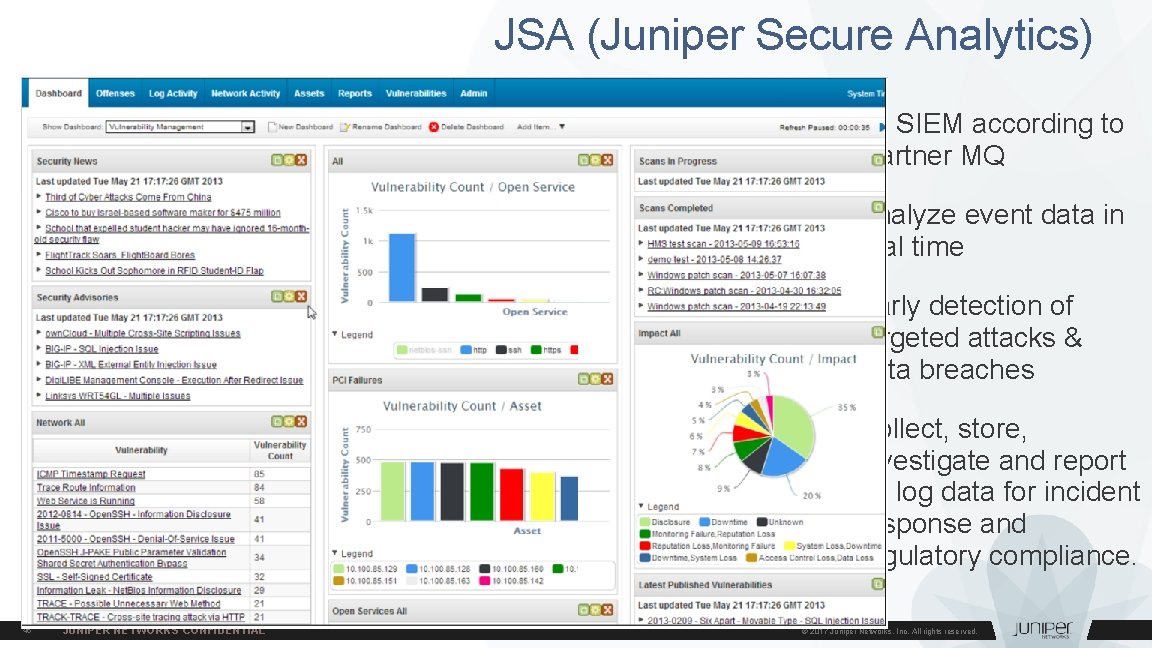 JSA (Juniper Secure Analytics) • #1 SIEM according to Gartner MQ • Analyze event