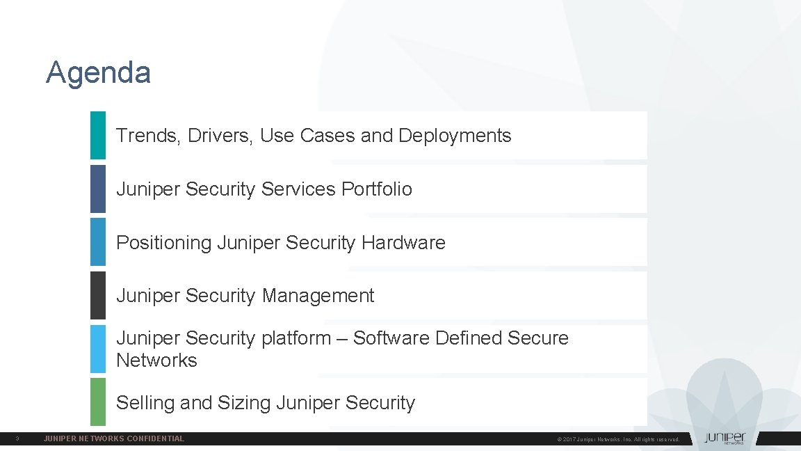 Agenda Trends, Drivers, Use Cases and Deployments Juniper Security Services Portfolio Positioning Juniper Security