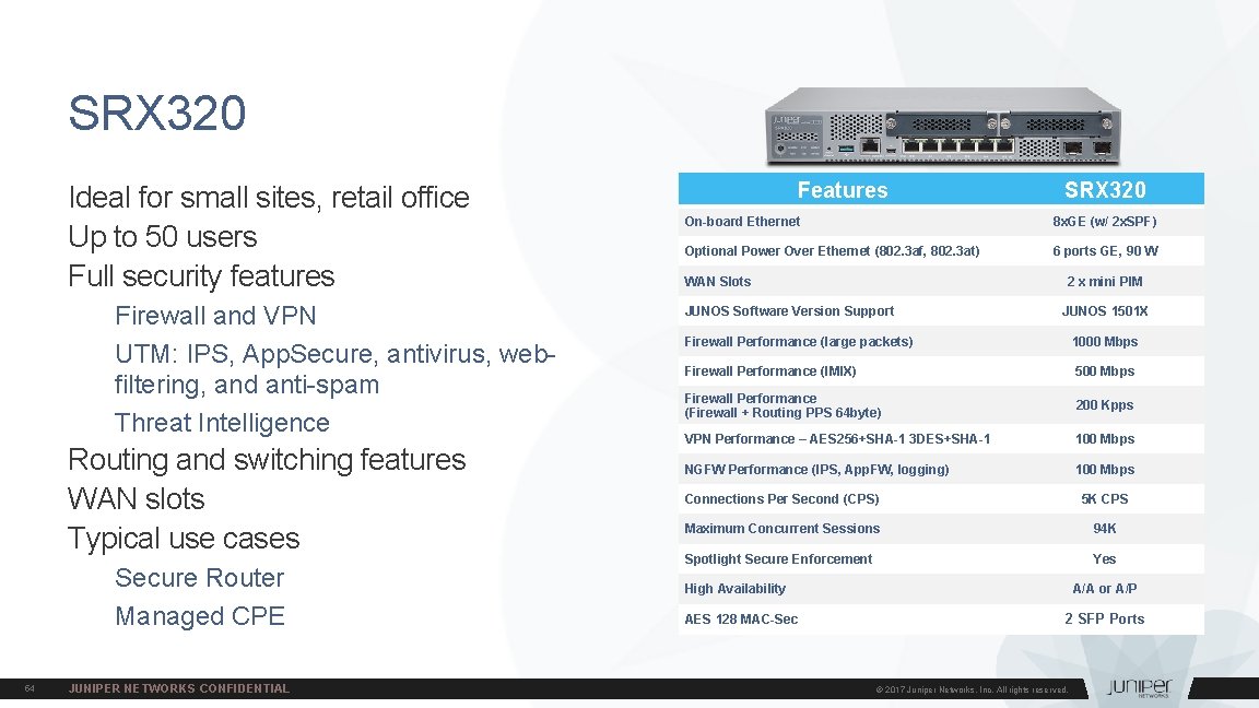 SRX 320 Ideal for small sites, retail office Up to 50 users Full security