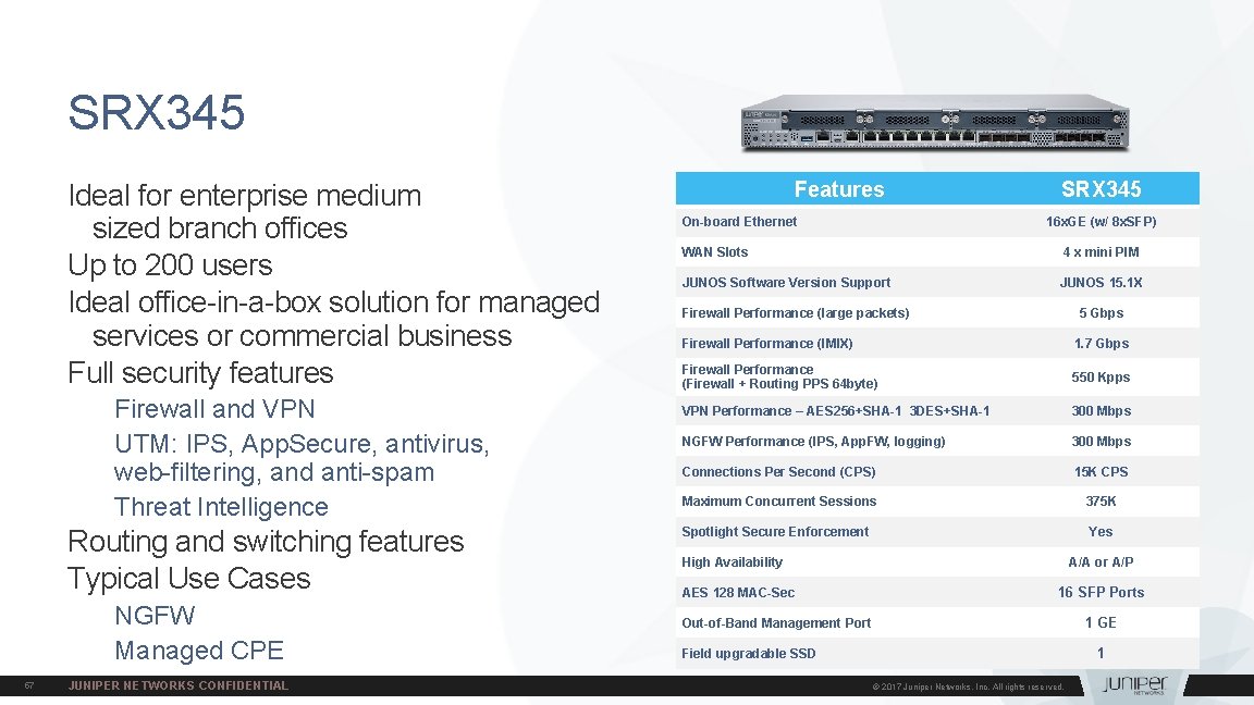 SRX 345 Ideal for enterprise medium sized branch offices Up to 200 users Ideal