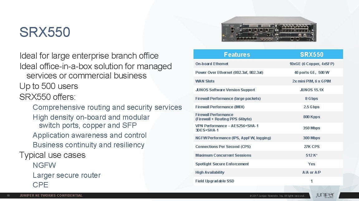 SRX 550 Ideal for large enterprise branch office Ideal office-in-a-box solution for managed services